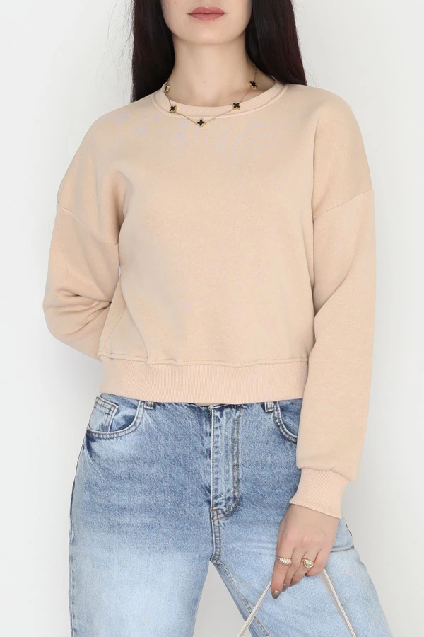 Bisiklet Yaka 3 İplik Sweat Bej - 20958.1878.