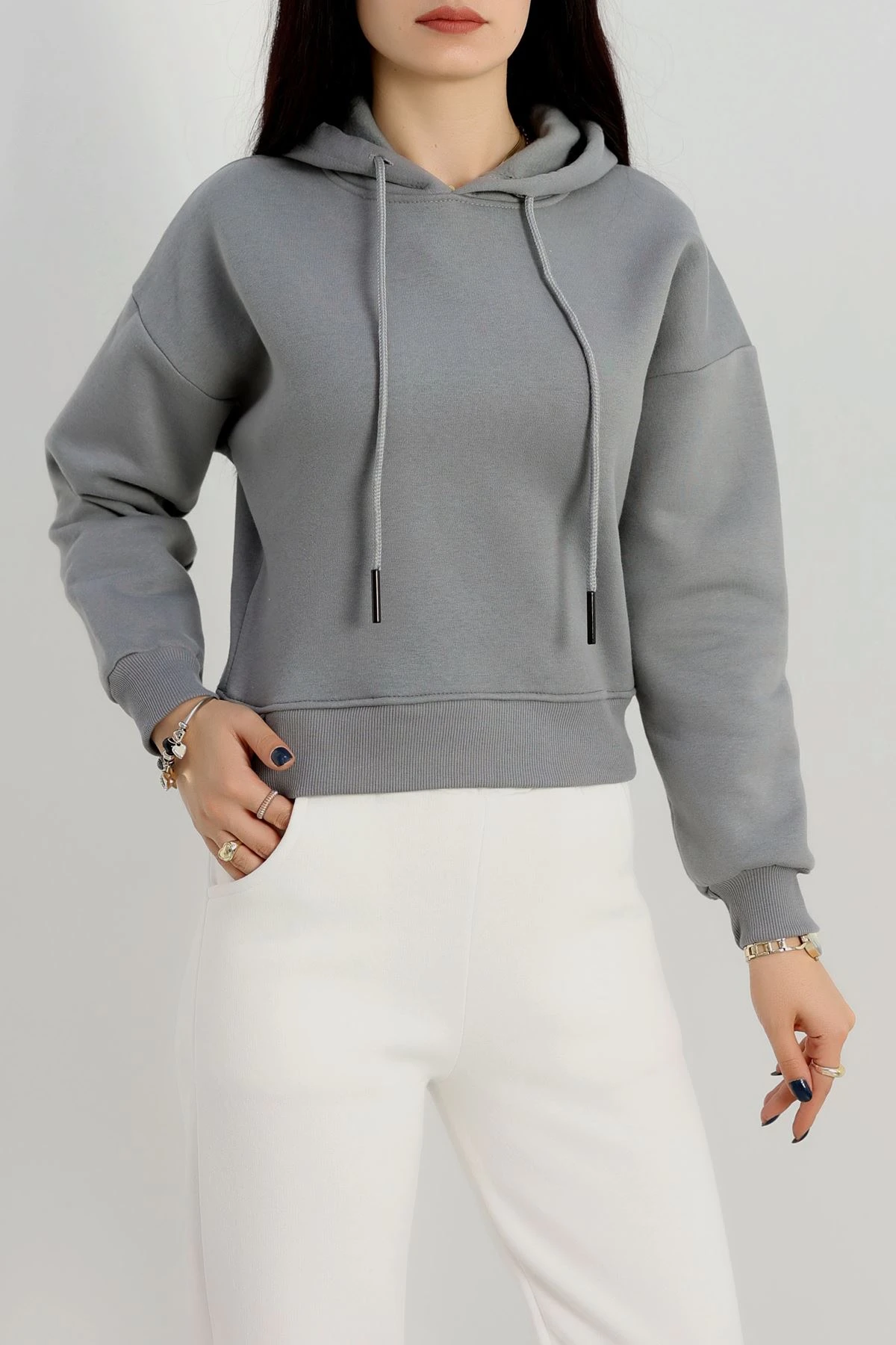 3 İplik Kapşonlu Crop Sweat Antrasit - 20959.1878. | HaydiGiy