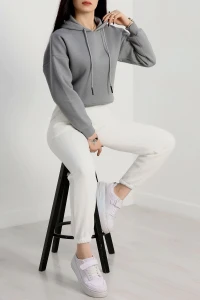 3 İplik Kapşonlu Crop Sweat Antrasit - 20959.1878.