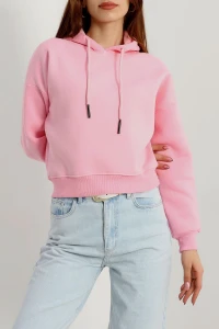 3 İplik Kapşonlu Crop Sweat Pembe - 20959.1878.
