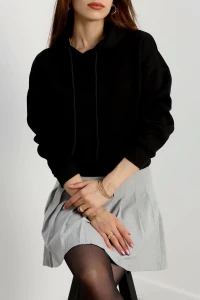 3 İplik Kapşonlu Crop Sweat Siyah - 20959.1878.