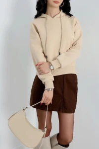 3 İplik Kapşonlu Crop Sweat Bej - 20959.1878.