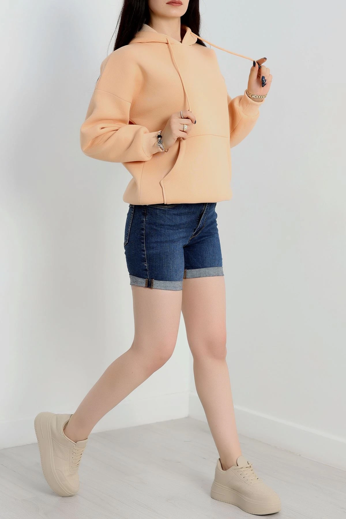 3 İplik Kanguru Cepli Kapşonlu Sweat Somon - 20960.1878. | HaydiGiy