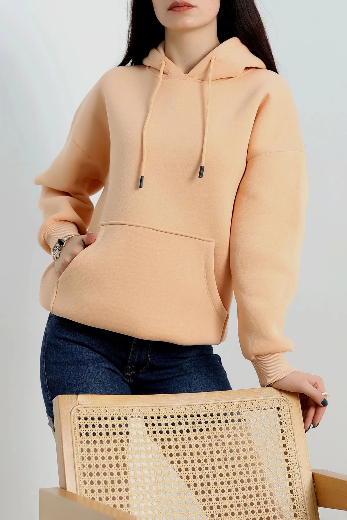 3 İplik Kanguru Cepli Kapşonlu Sweat Somon - 20960.1878. | HaydiGiy