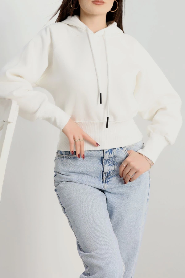 3 İplik Kapşonlu Crop Sweat Ekru - 20967.1878.