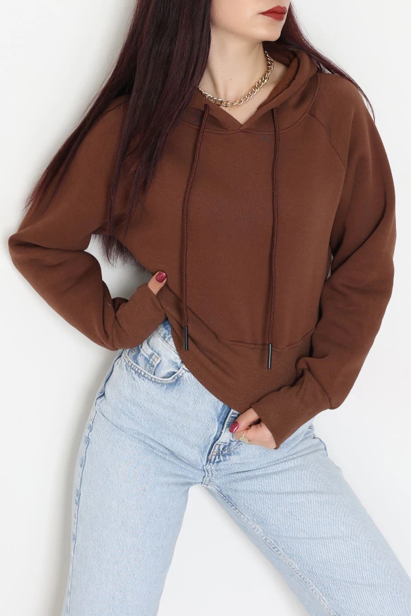 3 İplik Kapşonlu Crop Sweat Kahve - 20967.1878.