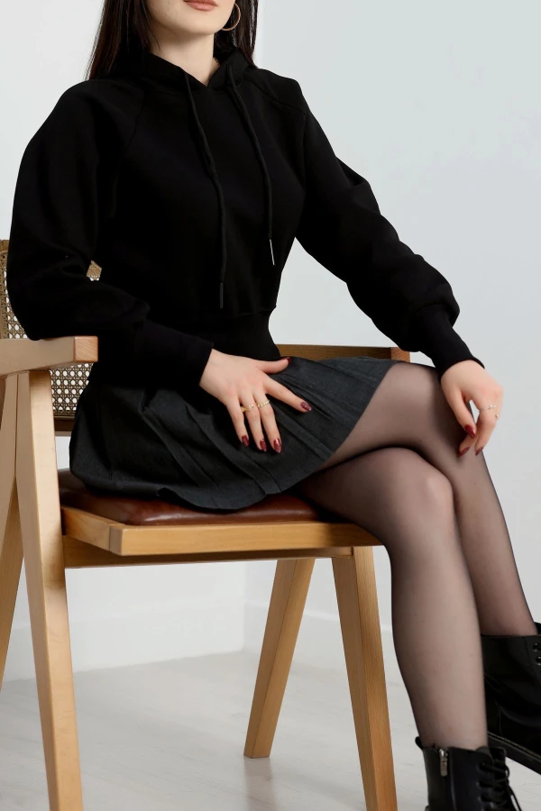 3 İplik Kapşonlu Crop Sweat Siyah - 20967.1878.