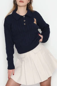 Saç Örgü Nakışlı Triko Kazak Lacivert - 2162.1247.