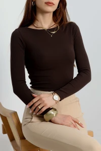 Kayık Yaka Ribana Basic Body Kahve - 21897.200.