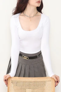 Ribana Kumaş U Yaka Dantel Detay Crop Body Beyaz - 21946.200.