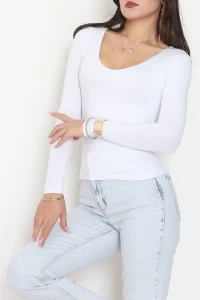 V Yaka Likralı Viskon Uzun Kollu Body Beyaz - 22132.200.