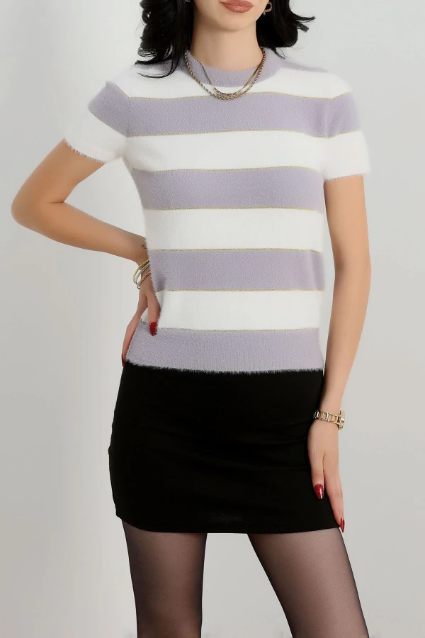 Çizgili Kısa Kollu Triko Gri - 2304.1765.