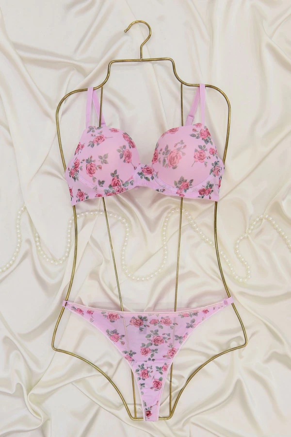 Çiçek Baskılı Tül Takım Boş Kap Pembe - 2563-B.1783.