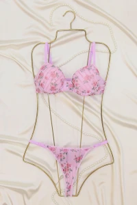 Çiçek Baskılı Dikine Flok Çizgili Takım Dolu Lila - 2565.1783.