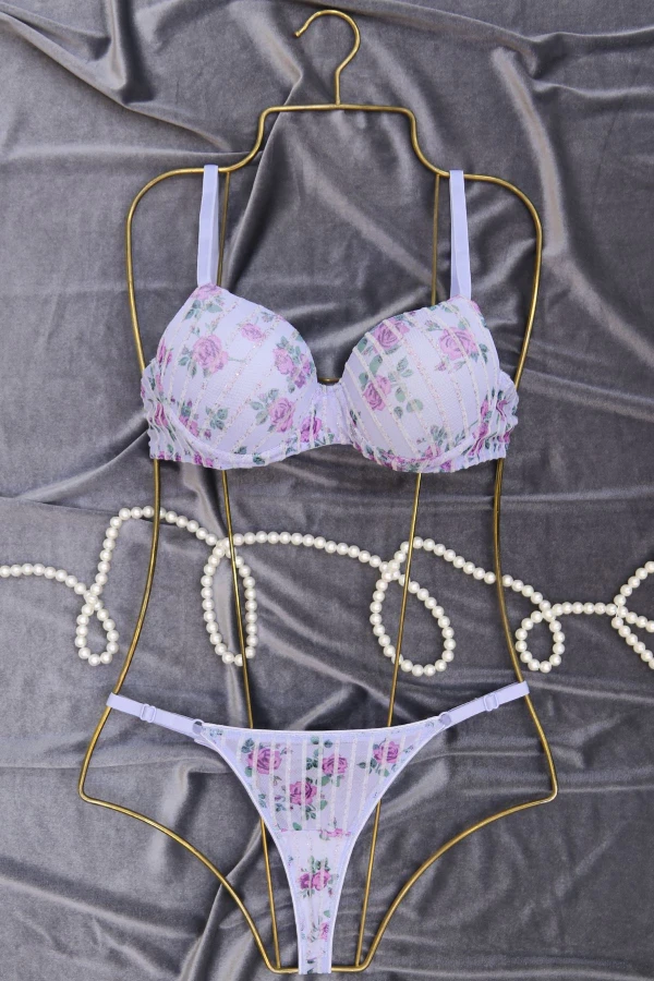 Çiçek Baskılı Dikine Flok Çizgili Takım Dolu Mavi - 2565.1783.