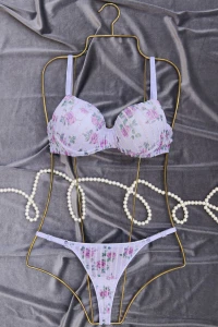 Çiçek Baskılı Dikine Flok Çizgili Takım Dolu Mavi - 2565.1783.