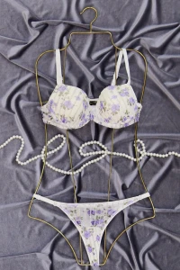 Çiçek Baskılı Dikine Flok Çizgili Takım Boş Ekru - 2565-B.1783.