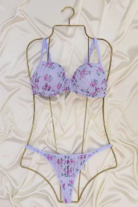 Çiçek Baskılı Dikine Flok Çizgili Takım Boş Mavi - 2565-B.1783.