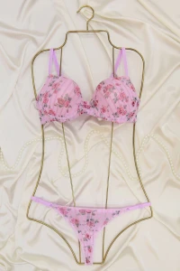 Çiçek Baskılı Dikine Flok Çizgili Takım Boş Pembe - 2565-B.1783.