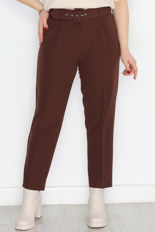 Büyük Beden Kemerli Kumaş Pantolon Acıkahve - 30371.1397.