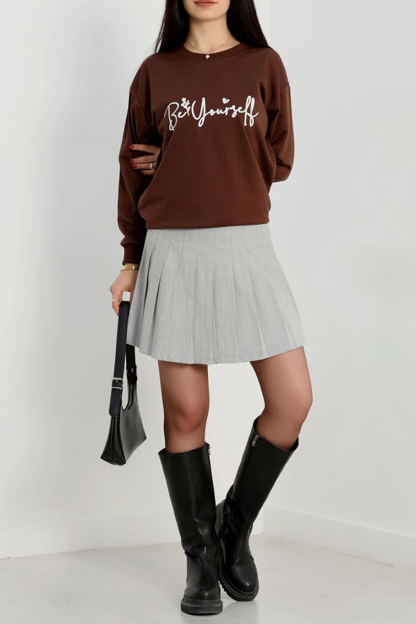 2 İplik Baskılı Sweatshirt Acıkahveekru - 31299.1878.