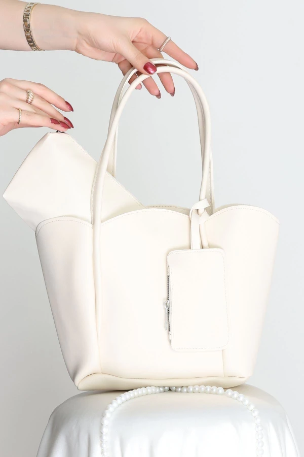 Makyaj Çantalı Ve Cüzdanlı Omuz Çantası Krem - 31397.2063.