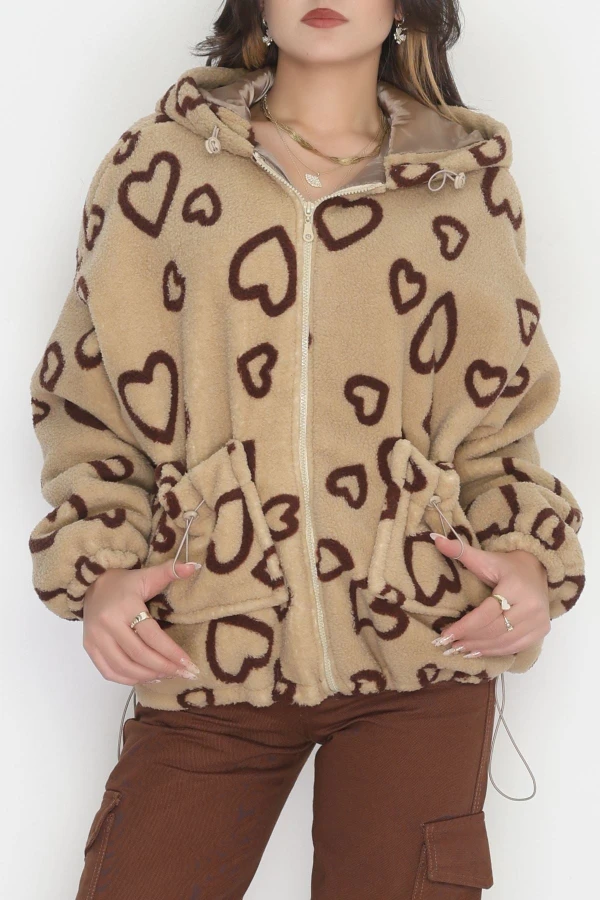 Kapüşonlu Kalpli Peluş Mont Sütlükahve - 31482.1247.