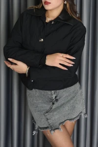 Deri Yaka Astarlı Kapitone Mont Siyah - 31632.439.