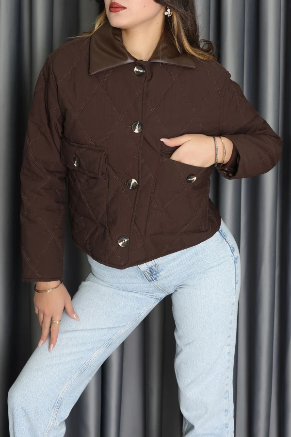 Deri Yaka Astarlı Kapitone Mont Acıkahve - 31632.439.