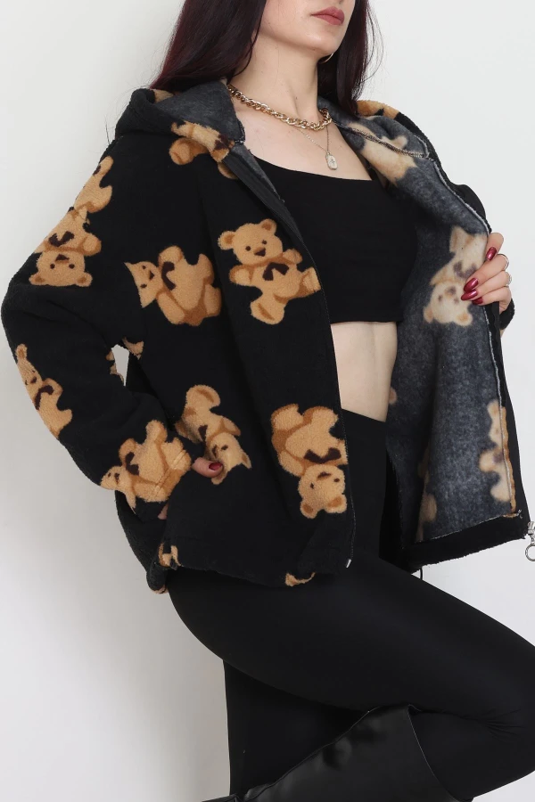 Baskılı Kapşonlu Polar Ceket Siyah - 31711.1247.