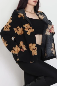 Baskılı Kapşonlu Polar Ceket Siyah - 31711.1247.