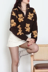 Yarım Fermuarlı Peluş Sweat Kahve - 31713.1247.