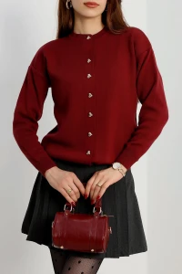 Kalp Düğmeli Triko Hırka Bordo - 3180.1577.