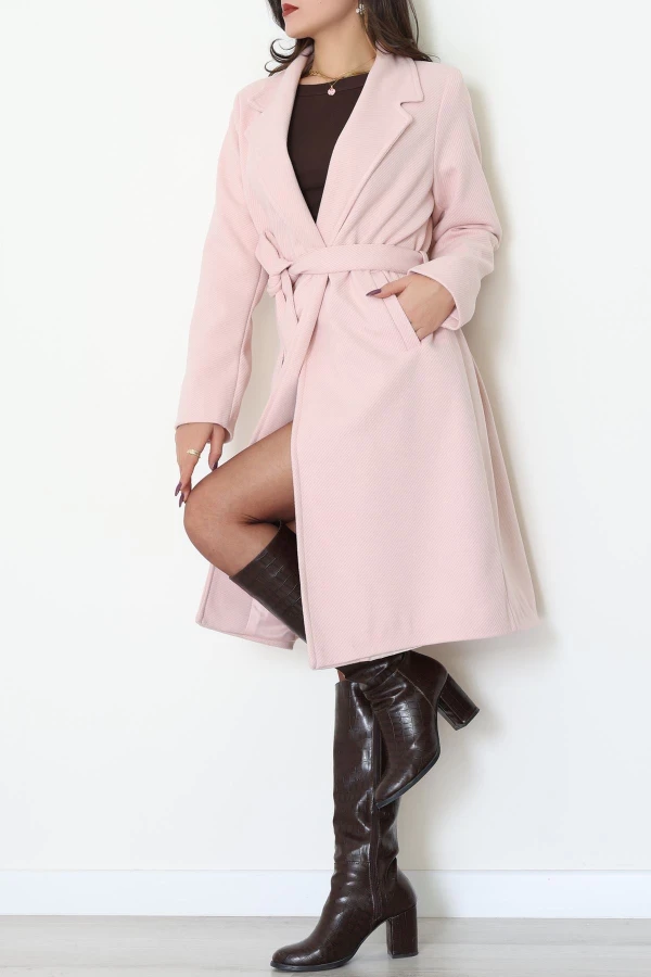 Balıksırtı Astarlı Uzun Kaşe Kaban Tozpembe - 31806.1839.