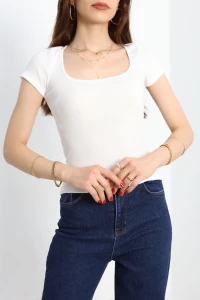 Kare Yaka Kısa Kollu Bluz Beyaz - 3839.1595.