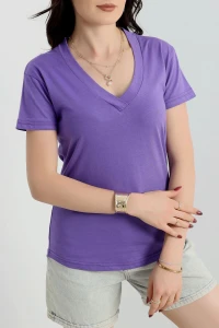 V Yaka Kompak Lüx Penye Tişört Açıkmor - 4001.1878.