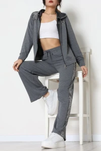 Pul İşlemeli 2 İplik Eşofman Takımı Füme - 40016.1857.