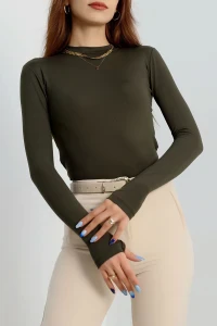 Dik Yaka Parmak Geçmeli Viskon Body Haki - 40076.599.