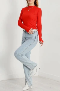 Dik Yaka Parmak Geçmeli Viskon Body Kırmızı - 40076.599.