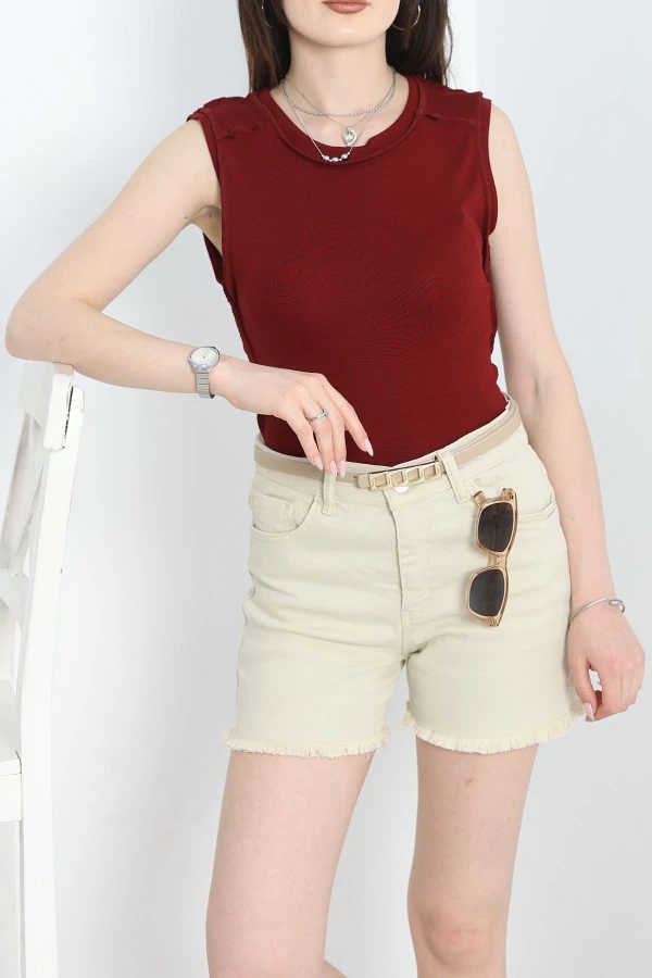 Dikiş Detay Sıfır Kol Bluz Bordo - 40784.1723.