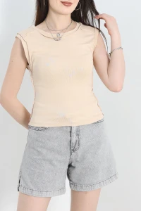 Dikiş Detay Sıfır Kol Bluz Bej - 40784.1723.
