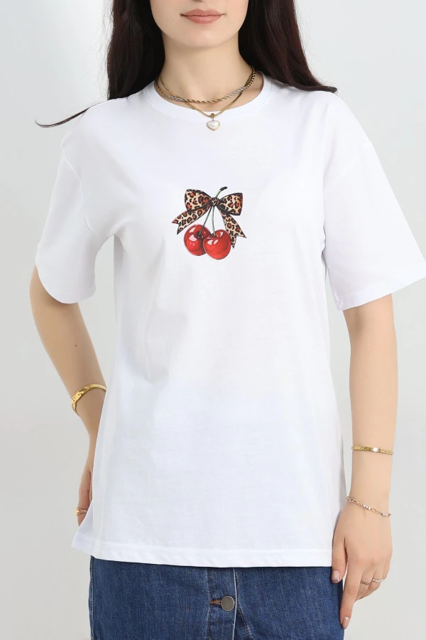 Baskılı Oversize Lüx Penye Tişört Beyazkırmızı - 41305.0034.