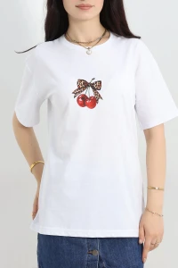 Baskılı Oversize Lüx Penye Tişört Beyazkırmızı - 41305.0034.