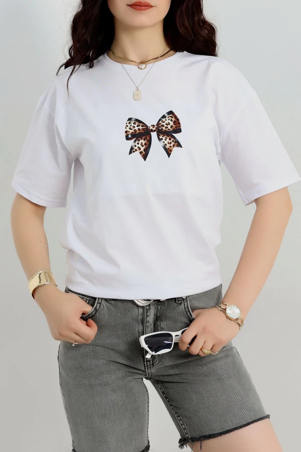 Baskılı Oversize Lüx Penye Tişört Beyazleo - 41305.0034.