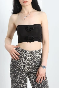 Gül Detaylı Crop Bluz Siyah - 41399.1595.