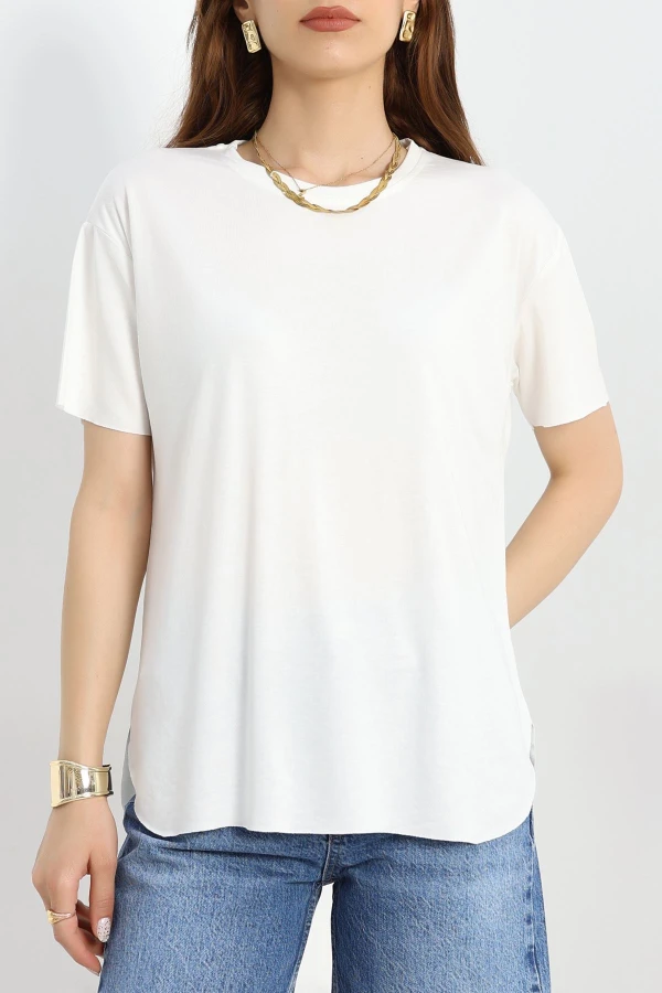 Bisiklet Yaka Oversize Tişört Ekru - 41808.1019.