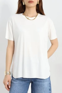 Bisiklet Yaka Oversize Tişört Ekru - 41808.1019.