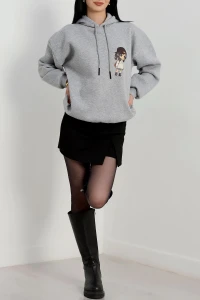 3 İplik Kapşonlu Baskılı Sweat Gri - 42222.1878.