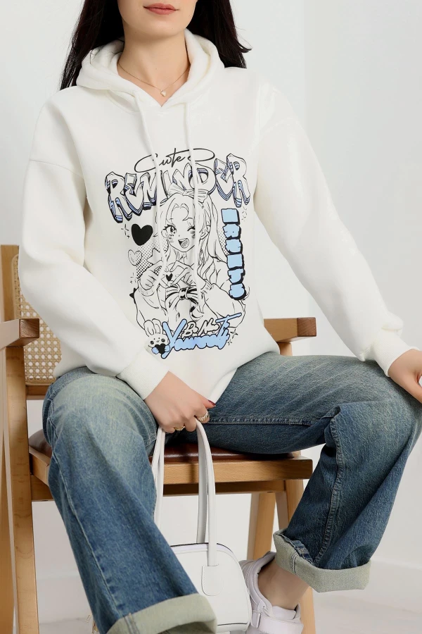 3 İplik Kapşonlu Baskılı Sweat Ekru - 42224.1878.