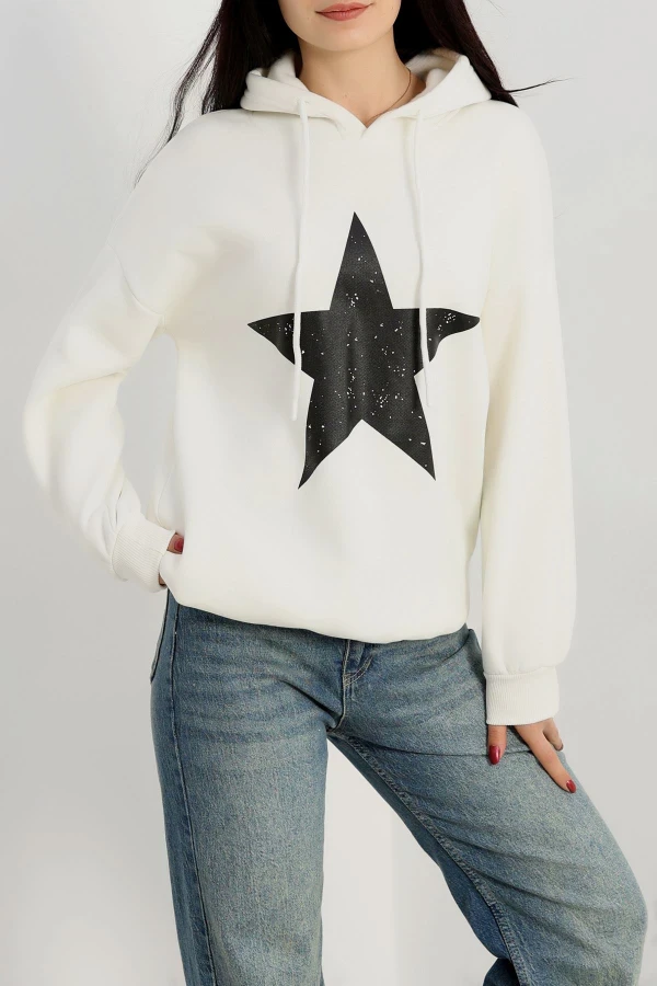 3 İplik Kapşonlu Baskılı Sweat Ekrusiyah - 42225.1878.